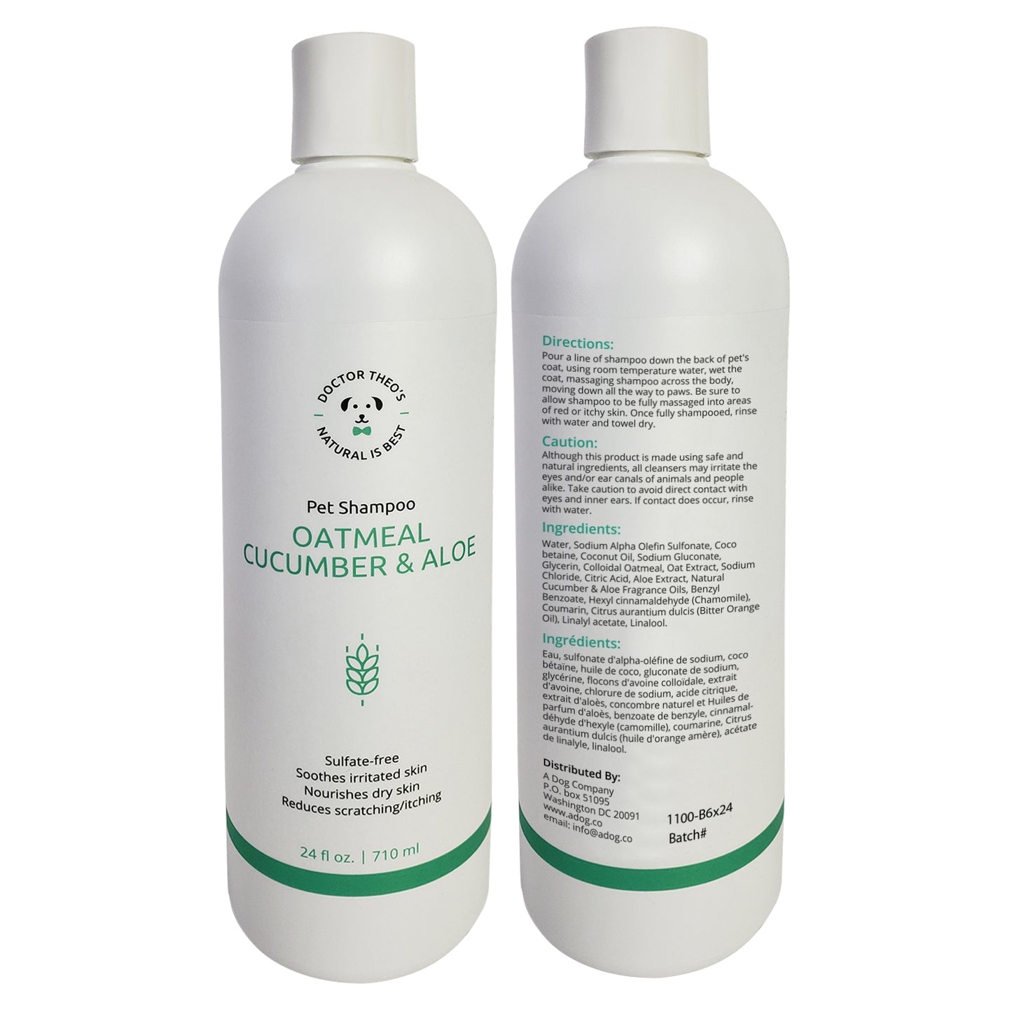 Dr. Theo's Dog Shampoo - Oatmeal, Cucumber & Aloe - Made in USA - 24 oz