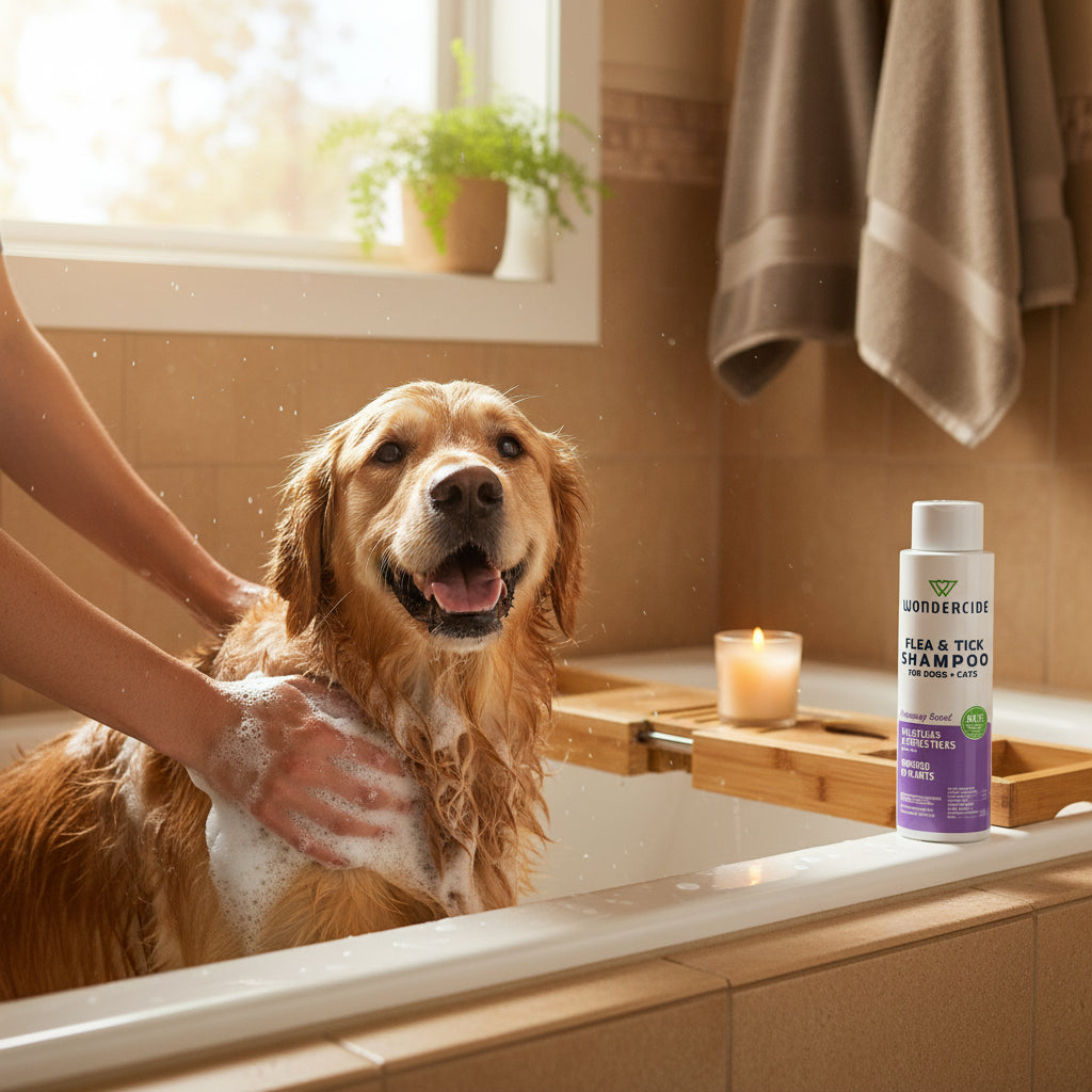 Champú líquido contra pulgas y garrapatas para perros y gatos con romero de Wondercide (12 oz)